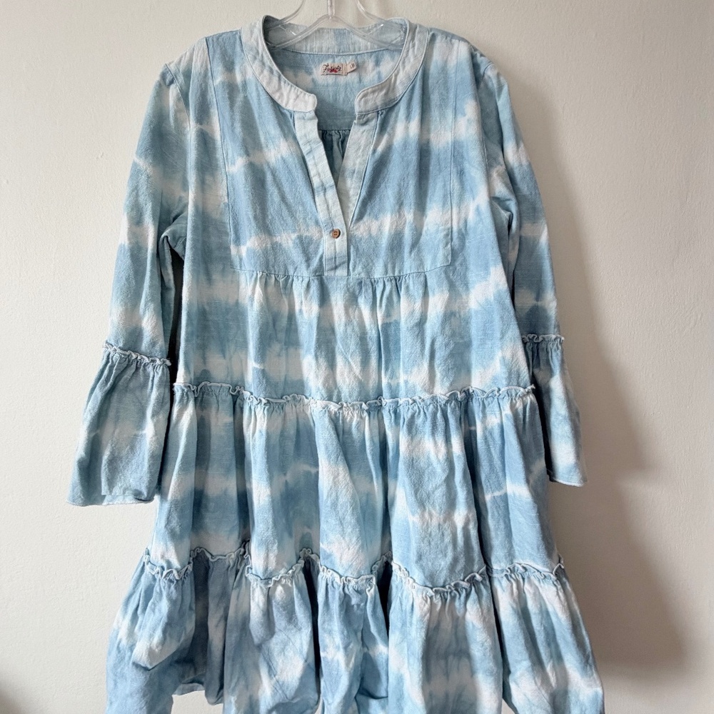 FAHERTY Vida Tie Dye Cotton Trapeze Dress In Faded Blue Dye Large